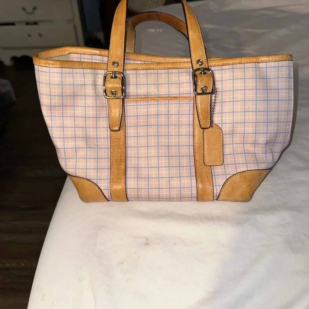 Coach y2k Hampton pink and blue Plaid Tote Bag tan leather trim silver accents - Picture 12 of 13